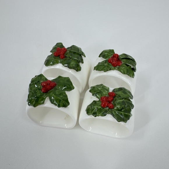 Vintage Christmas Napkin Rings HOLLY Set 4 Fine Bone China Made In Philippines - Picture 15 of 15